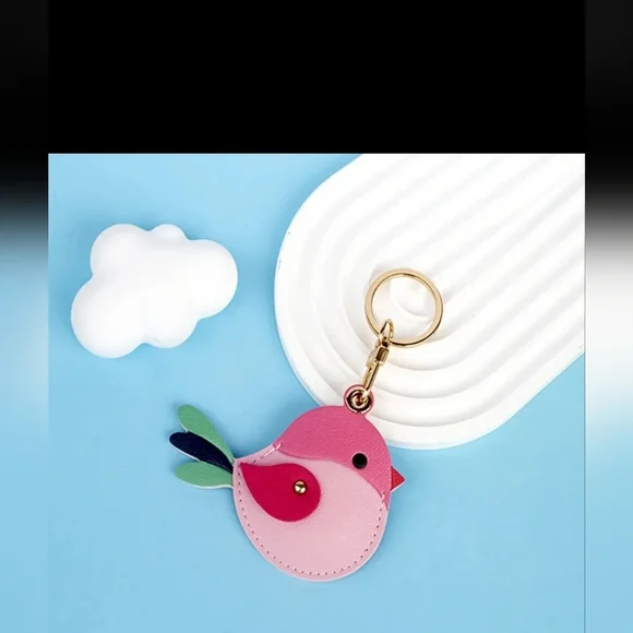 Colorful Pink Bird Vegan Leather Air Tag Holder Keychain with Braided Strap NWOT - Picture 8 of 9